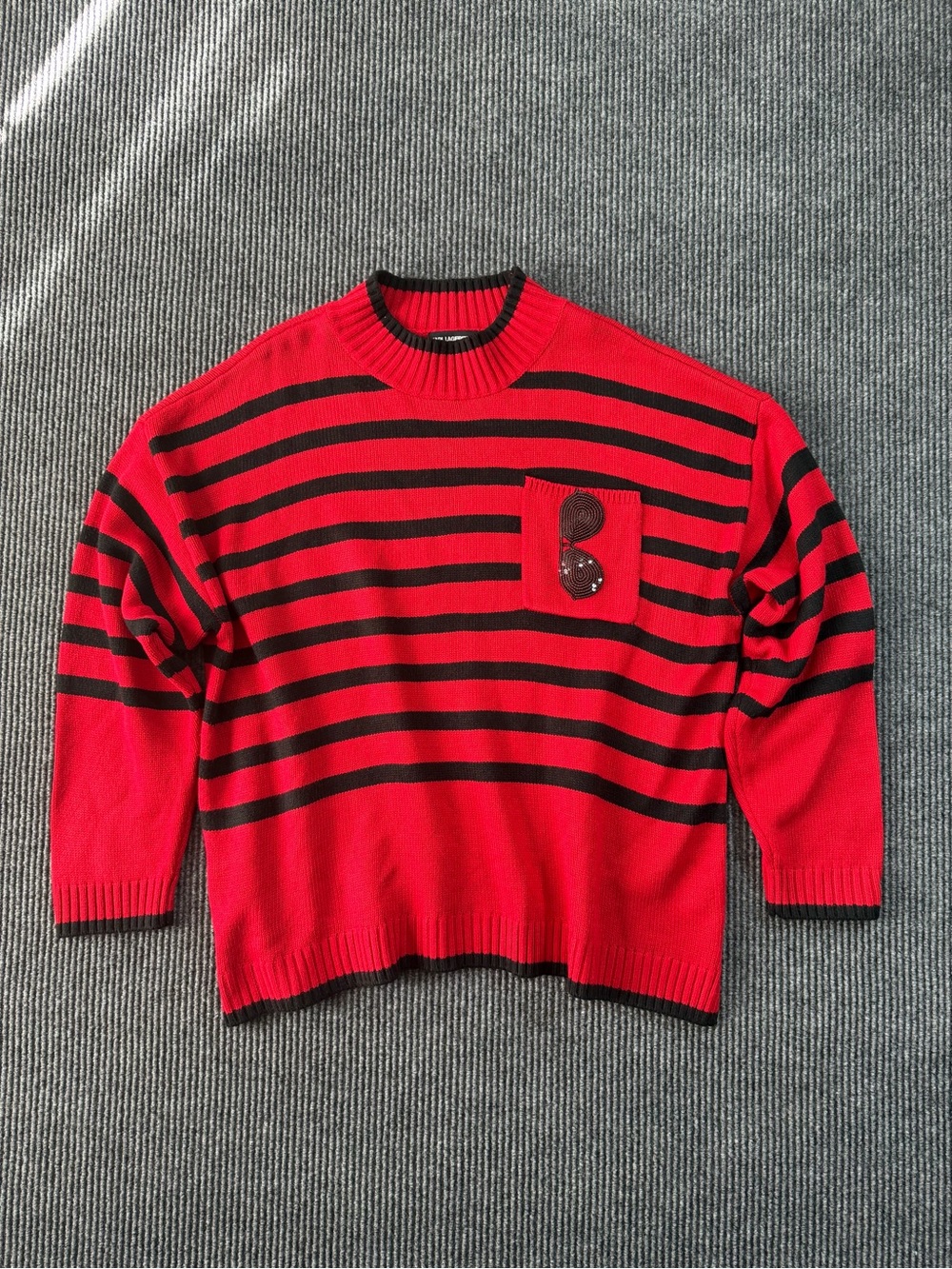 Karl Lagerfeld Red and Black Striped Crewneck Sweater